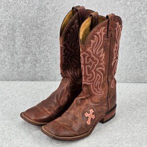 Tony Lama Boots Womens 8 B Pink Cross Brown Leather Western Rodeo Square Toe